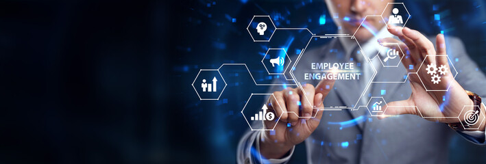 Business, Technology, Internet and network concept. Young businessman shows the word: Employee...