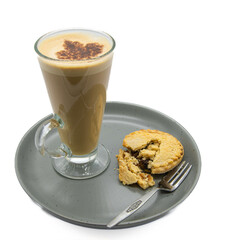 Glass of Latte with a hot Christmas pie with Crumbly Pastry and Fruit filling
