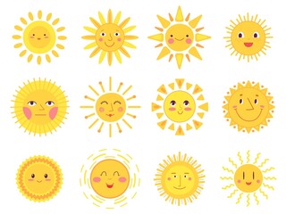 Cute sun faces. Happiness joy suns, isolated baby sunshine elements. Funny smiling morning symbols, scandinavian style summer decent vector set