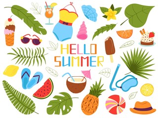 Cute cartoon summer elements. Kids vacations doodle stickers, underwater and seaside icons. Cute tropical beach drink, sweets, decent vector kit
