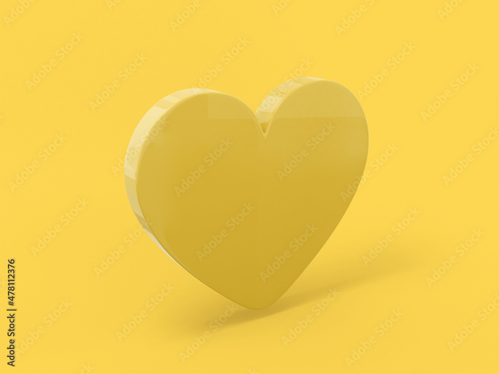 Poster flat yellow single color heart on a yellow background. minimalistic design object. 3d rendering icon