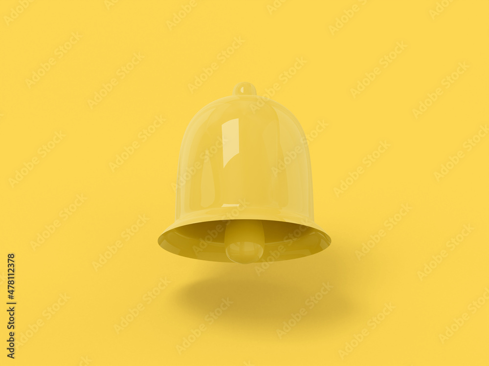 Poster yellow one color bell on a yellow flat background. minimalistic design object. 3d rendering icon ui 