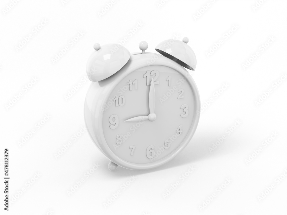 Poster white single alarm clock on a white monochrome background. minimalistic design object. 3d rendering 