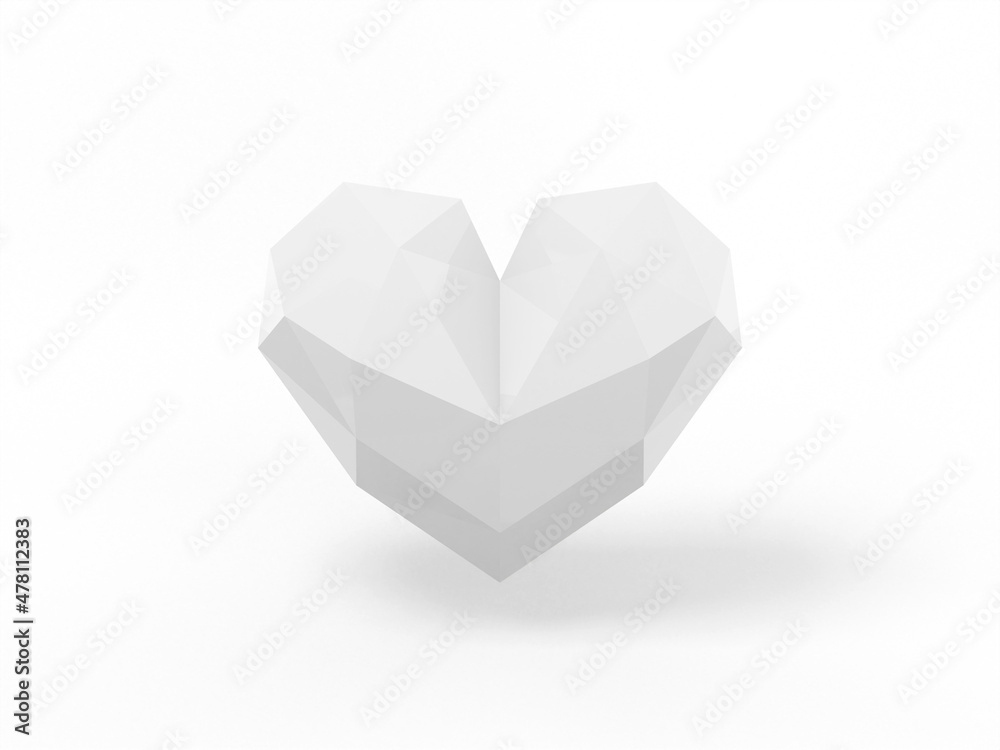 Poster low poly white single color heart on a white monochrome background. minimalistic design object. 3d r