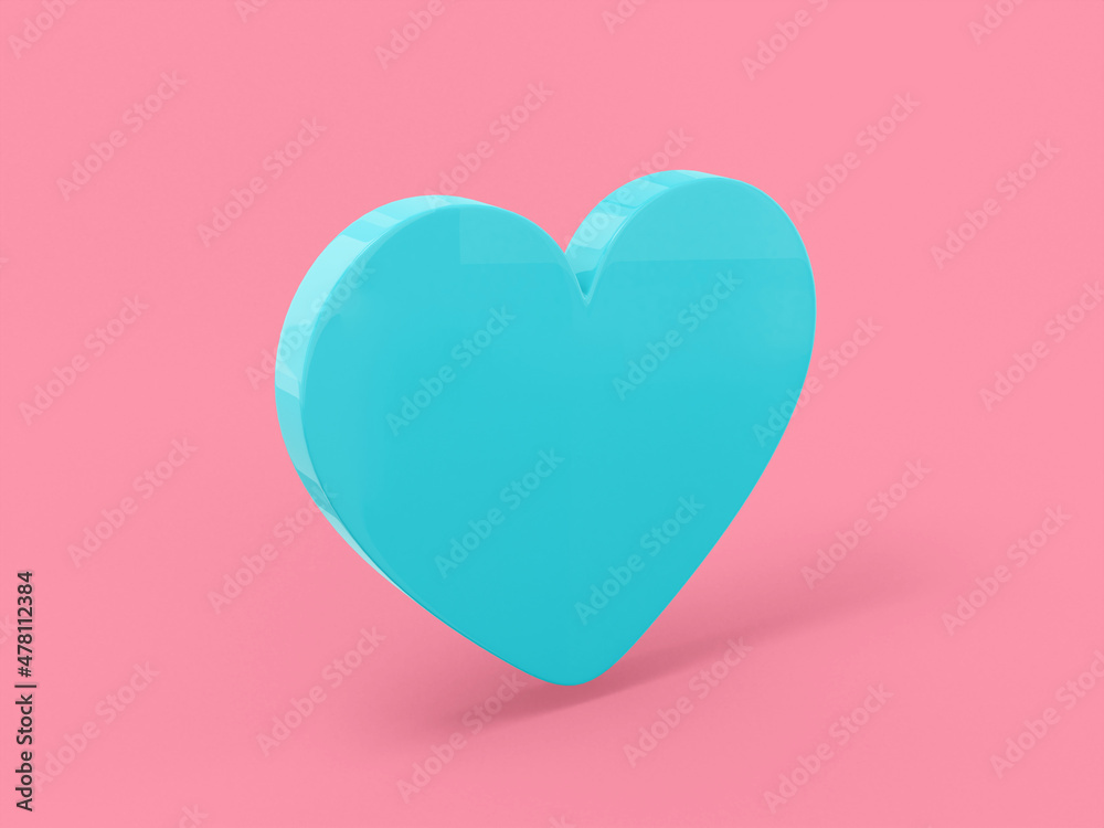 Poster flat blue one color heart on a pink solid background. minimalistic design object. 3d rendering icon 