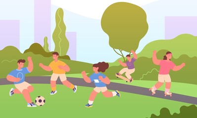 Obraz na płótnie Canvas Active children in park. Kids play football, jogging, ride skateboard. Outdoor sport activity vector illustration