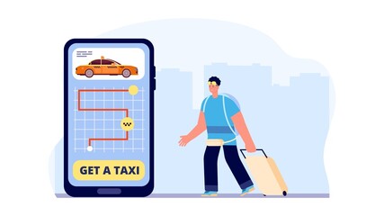 Taxi service. Online app for transportation. Guy with luggage using mobile car rent. Touristic concept, travel and transfer vector illustration