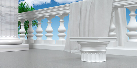 Fototapeta premium The capital stands on the stone floor like a pedistal for the presentation of the product. Elements of classical architecture capital, balustrade, column and drapery for the background.