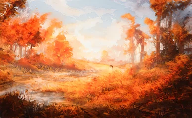  Autumn Beautiful magical forest fabulous yellow trees. Forest landscape, sun rays illuminate orange leaves and branches of trees. Magical autumn forest. Illustration © Mars0hod