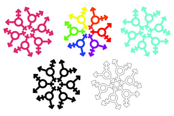 Set of snowflake from Transgender and LGBT symbols. Rainbow colors of a LGBT flag. Gender and sexual orientation. Outline and silhouette contours. Vector illustration design