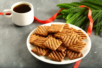 Breakfast table- healthy sugar free chocolate cookies served with sweet less black coffee. morning foods background.