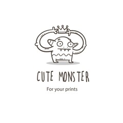 Vector card with cute cartoon monster. Funny fictional animal . Doodle line art creature print. Childrens fairy tale poster.