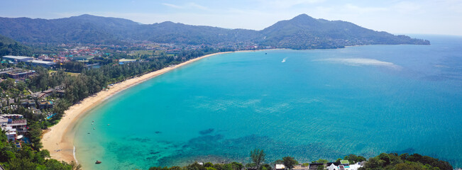 Aerial view of kamala beach at sunset in Phuket in Thailand