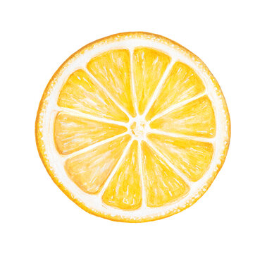 Water color illustration of bright yellow Lemon Slice. Symbol of life, health, renewal, luck, optimism. Hand painted watercolour graphic drawing on white background, cutout clipart element for design.