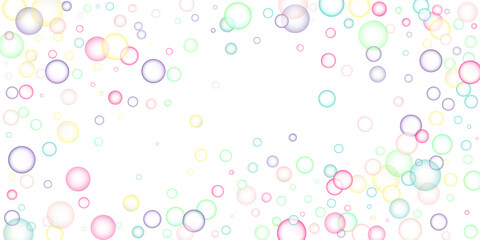 Soapy bright multicolored bubbles fly randomly on a white background. Vector illustration