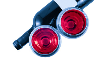 Bottle and two glasses of red wine on a white background