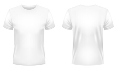 Blank white t-shirt template. Front and back views. Vector illustration. - obrazy, fototapety, plakaty