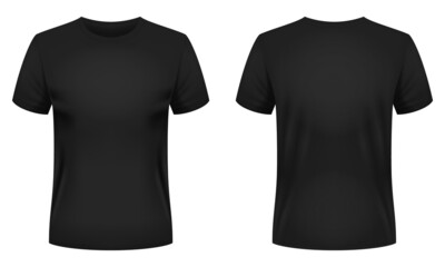 Blank black t-shirt template. Front and back views. Vector illustration. - obrazy, fototapety, plakaty