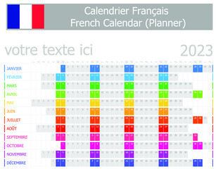 2023 French Planner Calendar with Horizontal Months on white background