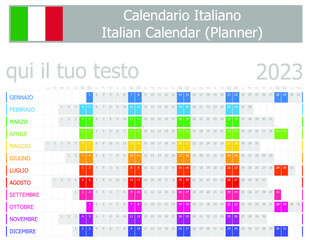 2023 Italian Planner Calendar with Horizontal Months on white background