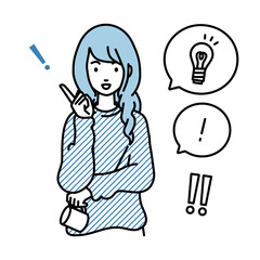 立って素晴らしいアイデアをひらめいたリモートワークの女性 フキダシに電球と感嘆符のセット