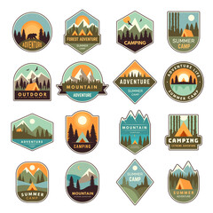 Summer camp badges. Mountain exploring labels outdoor adventure of scout in forest nature emblem recent vector templates set isolated - obrazy, fototapety, plakaty
