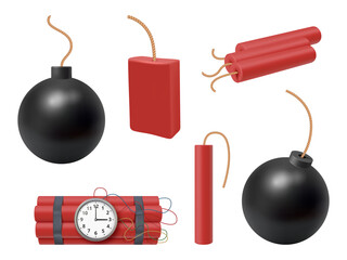 Dynamite stick. Realistic bombs firecracker fire explosion dangerous weapons decent vector pictures set - obrazy, fototapety, plakaty