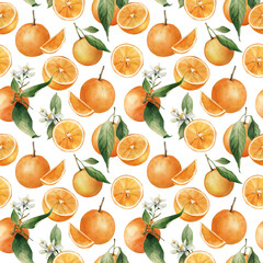 Watercolor seamless pattern with oranges and slices. Hand painted citrus ornament for wrapping paper, print, fabric or scrapbooking.