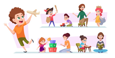 Kindergarten kids. Playing room education toys for children learning processes in kindergarten room exact vector cartoon pictures set