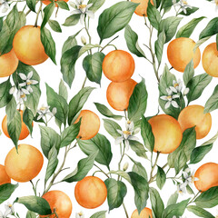 Watercolor seamless pattern with branches ripe oranges. Hand painted citrus ornament for wrapping paper, print, fabric or scrapbooking.