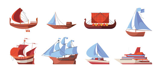 Water vessel evolution. Sea yacht naval ship cruise vessel history marine boats and warships garish vector flat colored illustrations - obrazy, fototapety, plakaty