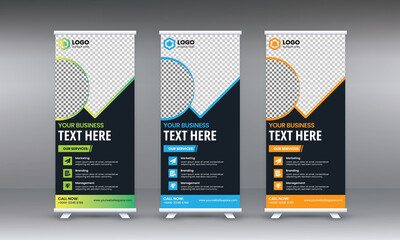 Corporate rollup banner, pull up, business flyer, display, x-banner, and flag-banner Set for your business, company and restaurant with blue, red, yellow, green color