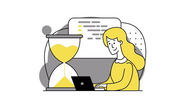 Blonde girl programmer. Remote work. A programmer is working on the next big thing. Coding on-screen, HTML coding and screen programming, web development, developer. Deadline. Hourglass. 2d animation
