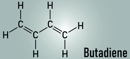Fototapeta na wymiar Butadiene or 1,3-butadiene synthetic rubber building block molecule. Used in synthesis of polybutadiene, ABS and other polymeric materials. Skeletal formula.