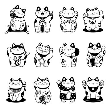 Asian cat. Stylized monochrome labels of maneki neko traditional asian animal of lucky and fortune recent vector pictures isolated