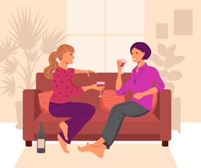 Two girls are sitting on the couch and talking. Young women drink wine and laugh. Meeting friends. Window and silhouettes of potted flowers in the background. Vector illustration in flat style.