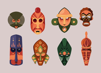 Tribal mask. African ceremony spirit ritual colored masks various emotional ethno wild faces animals garish vector flat pictures collection
