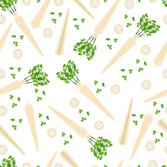 Seamless background of root parsley. Whole, half, and sliced parsley. Parsley with leaves. Organic and healthy, vegetarian vegetables. Vector illustration in flat style. Seamless pattern