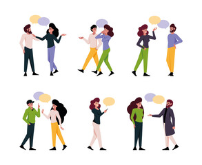 People talking. Social connection of persons dialogue characters crowd discussing friends conversation chatting garish vector flat illustrations