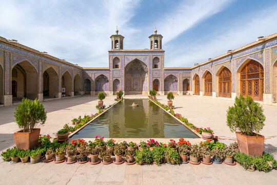 Shiraz, Iran-04.17.2019: Courtyard of the Pink Mosque, Nasir al-Mulk, with no people. Beautiful mosque built by Qajar dynasty.