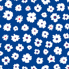 Casual ditsy daisy seamless repeat pattern. Random placed, vector flower all over print on blue background.