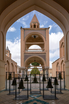 Isfahan, Iran - 04.19.2019: Exterior of the Vank Armenian Christian church in Isfahan, Iran. Iron bells in the front.