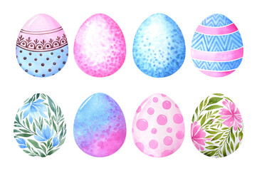  Set of Easter eggs on a white background. Watercolor illustration.