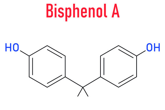 Bisphenol A or BPA plastic pollutant molecule. Chemical often present in polycarbonate plastics, has estrogen disrupting effects. Skeletal formula.
