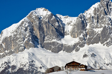 Tyrol, Austria. February 2008. The mountain massif of Wilde Kaiser in the Austrian Alps.