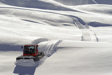 Solden, Oetztal, Austria. February 2016. Piste bully prepares ski slope in the Austrian Alps.