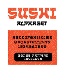 Sushi Japanese stylized alphabet. Salmon filleted fish like pattern. Asian style typeface. Hieroglyph inspired hand drawn lettering font. Sushi bar restaurant food logo font