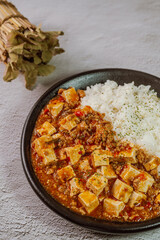 Chinese food mapo tofu dish and rice on black plate