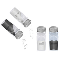 Salt and pepper. Pair of transparent glass shaker with metal cap. Vector illustration isolated on white