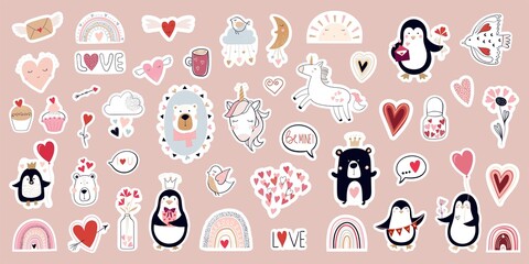 Valentine's Day stickers collection with different seasonal elements, items set for kids, textile clothes and scrapbook, doodle illustrations  - obrazy, fototapety, plakaty